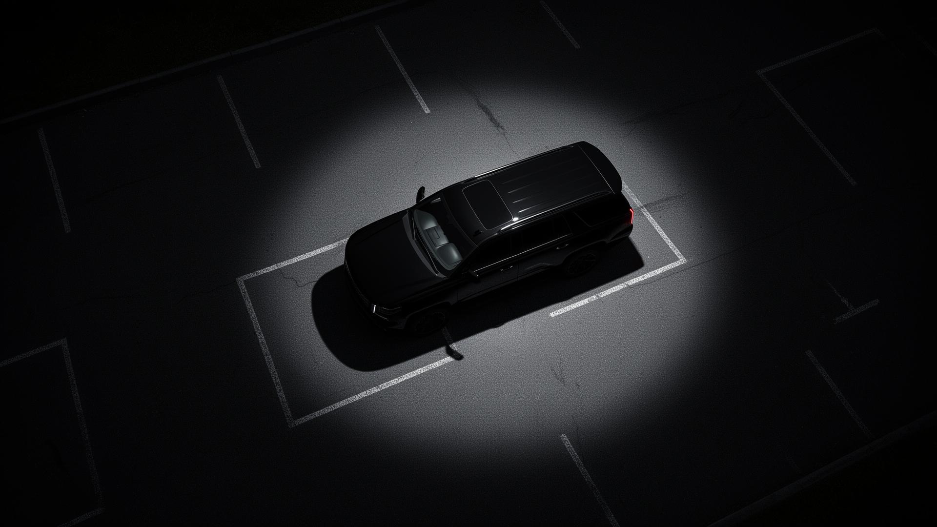 Aerial top-down view of an all-black SUV under a single spotlight at night